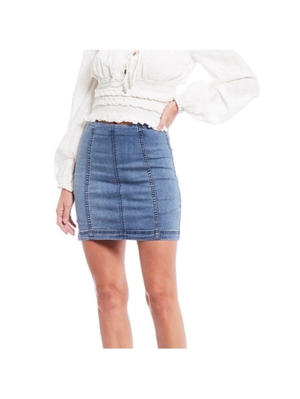 Free People Denim Mini Skirt Blue Stretch Jean Skirt Size 12